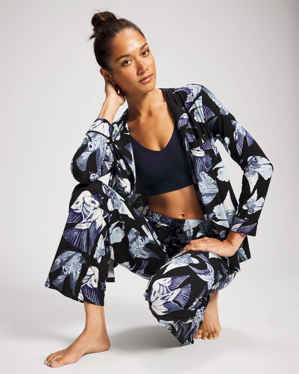 WHIMSICAL WINGS BLK MID - Satin Trim Pajama Pant