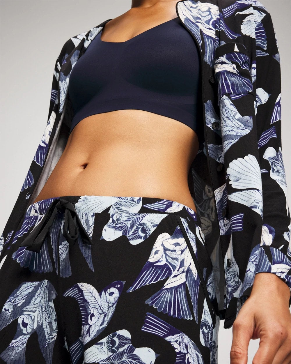 WHIMSICAL WINGS BLK MID - Satin Trim Pajama Pant