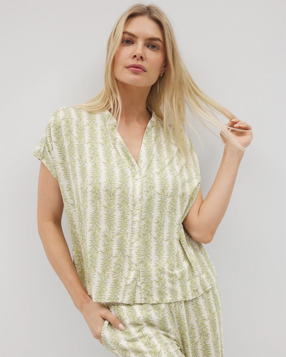 CHILL STRIPE CHAMPAGNE - Mandarin Collar Short Sleeve Pajama Top