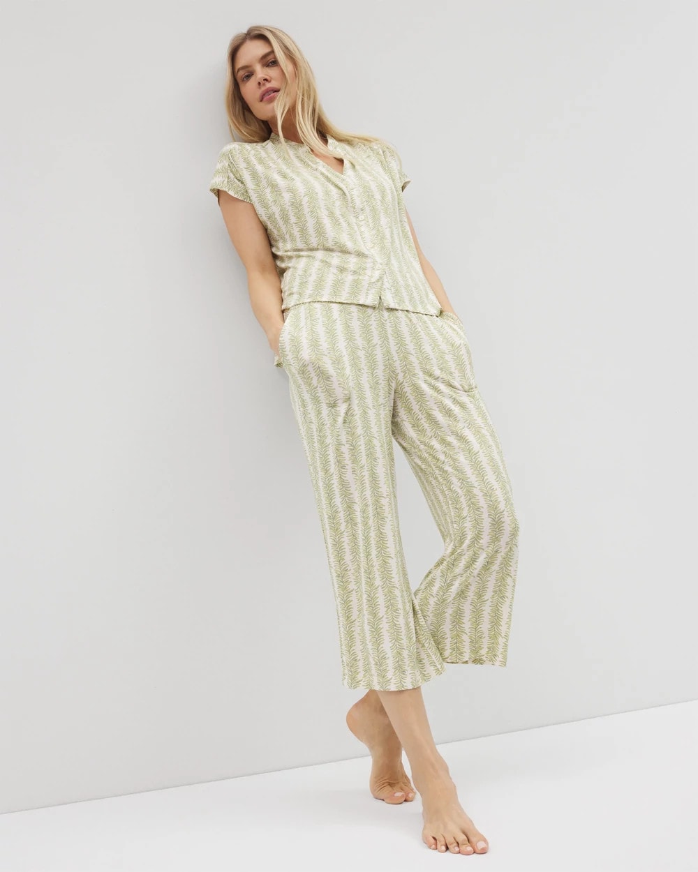 CHILL STRIPE CHAMPAGNE - Mandarin Collar Short Sleeve Pajama Top