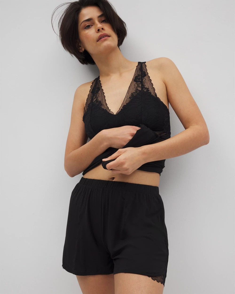 BLACK - Lace Trim Pajama Shorts