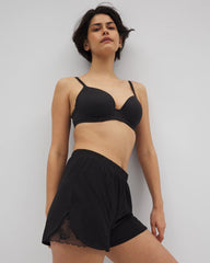 BLACK - Lace Trim Pajama Shorts