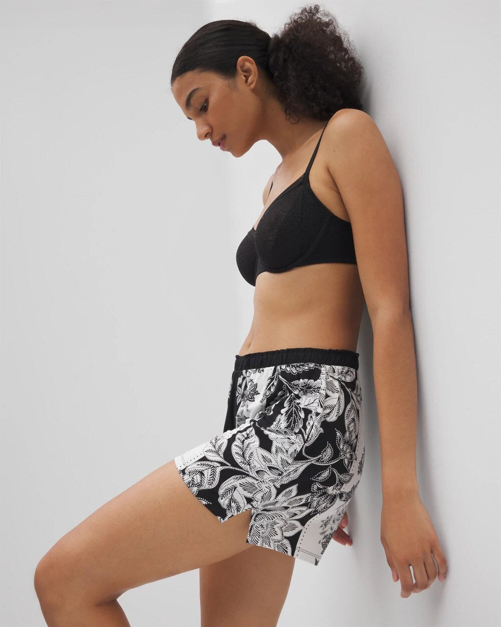 STAMPED FLORAL SCARF BLK - Pajama Shorts