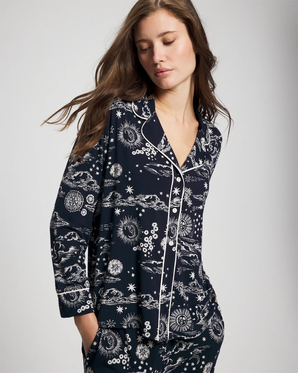 COSMIC BALLET NAVY - Cool Nights Long Sleeve Notch Collar with Piped Placket Pajama Top