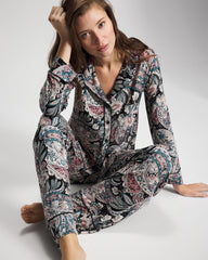 REGAL PAISLEY BLACK - Cool Nights Long Sleeve Notch Collar with Piped Placket Pajama Top