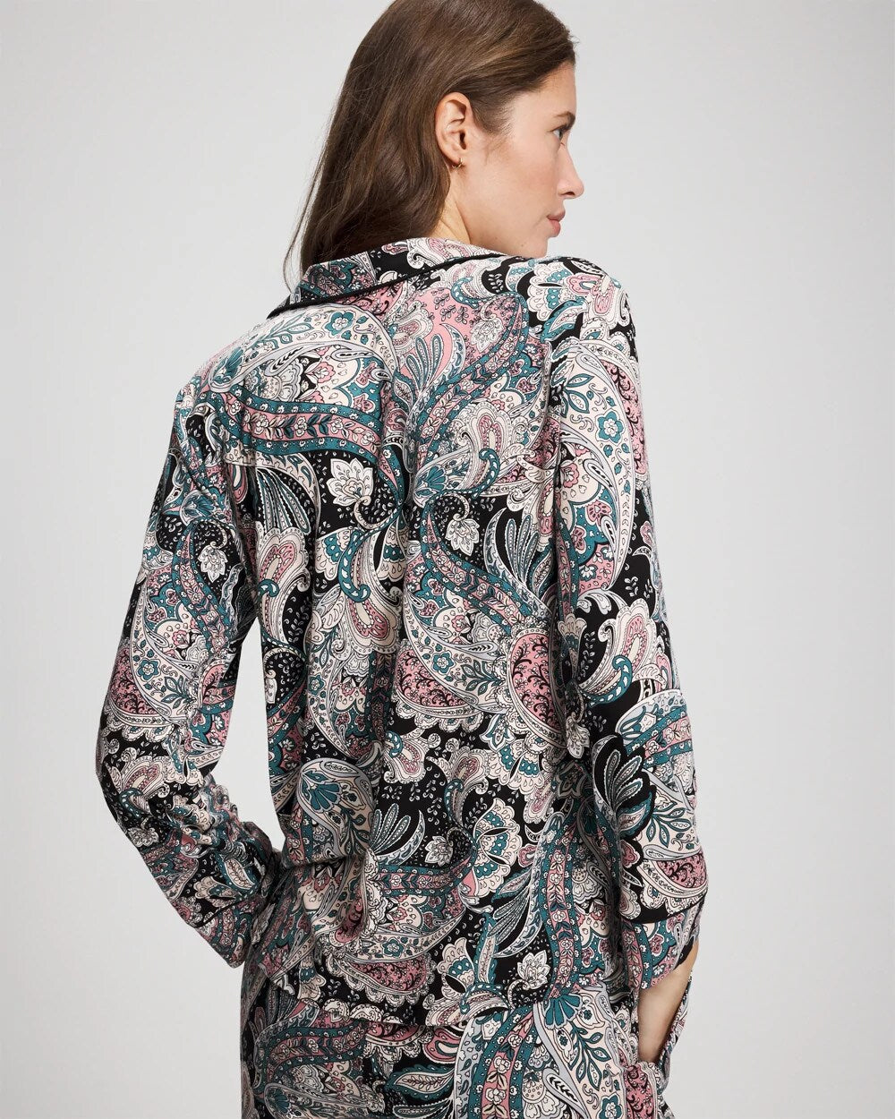 REGAL PAISLEY BLACK - Cool Nights Long Sleeve Notch Collar with Piped Placket Pajama Top