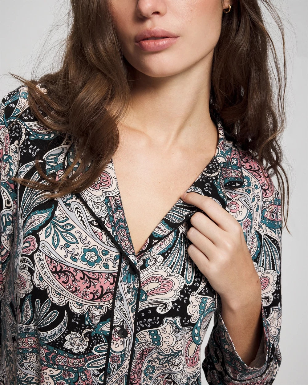 REGAL PAISLEY BLACK - Cool Nights Long Sleeve Notch Collar with Piped Placket Pajama Top