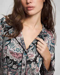 REGAL PAISLEY BLACK - Cool Nights Long Sleeve Notch Collar with Piped Placket Pajama Top