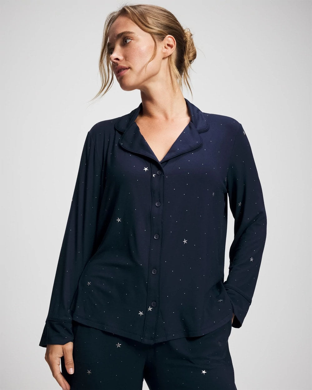 SILVER DEW DROP/NAVY - Cool Nights Long Sleeve Notch Collar with Piped Placket Pajama Top