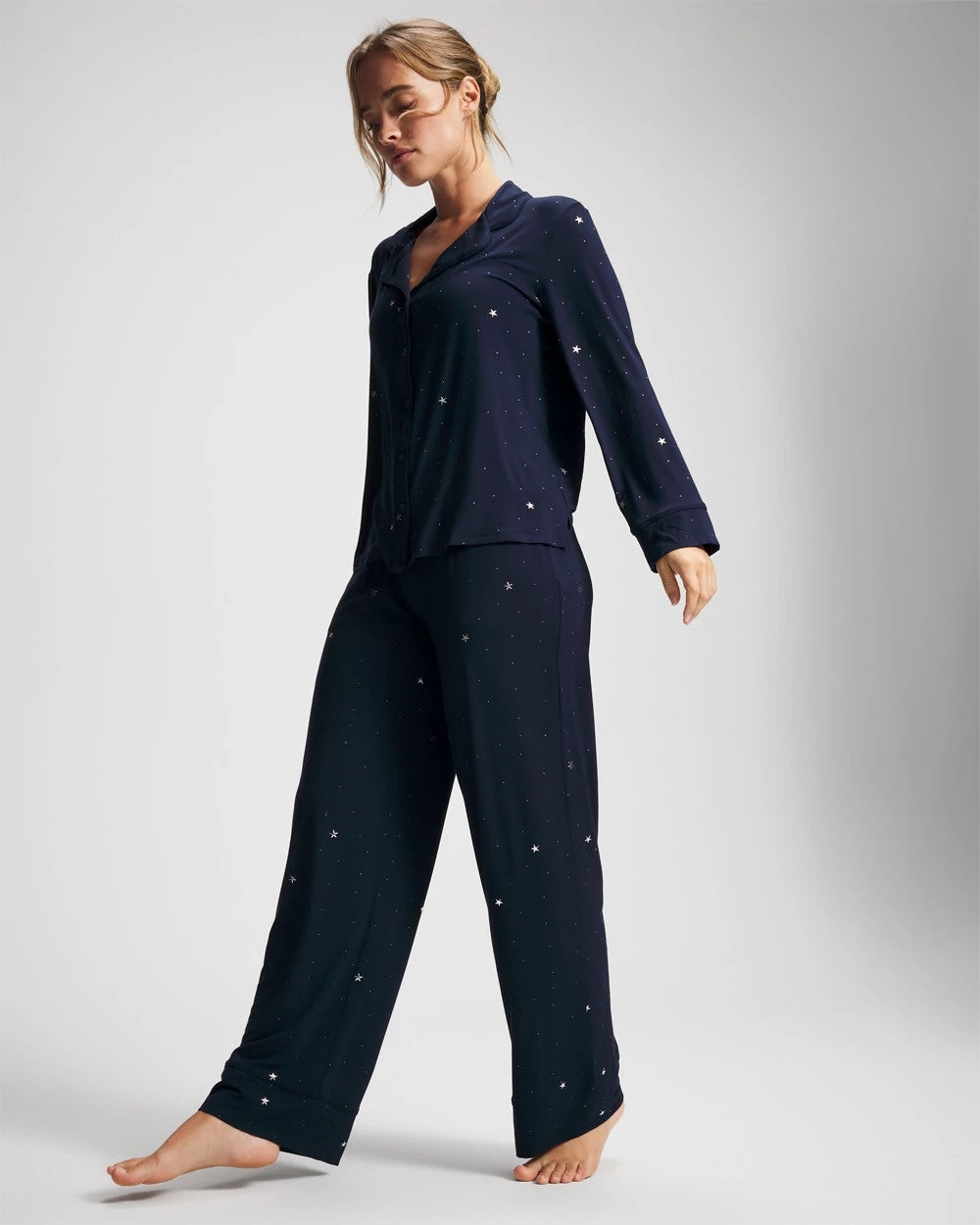 SILVER DEW DROP/NAVY - Cool Nights Long Sleeve Notch Collar with Piped Placket Pajama Top