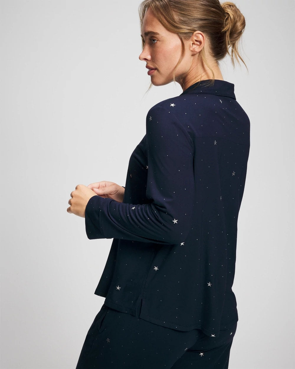SILVER DEW DROP/NAVY - Cool Nights Long Sleeve Notch Collar with Piped Placket Pajama Top
