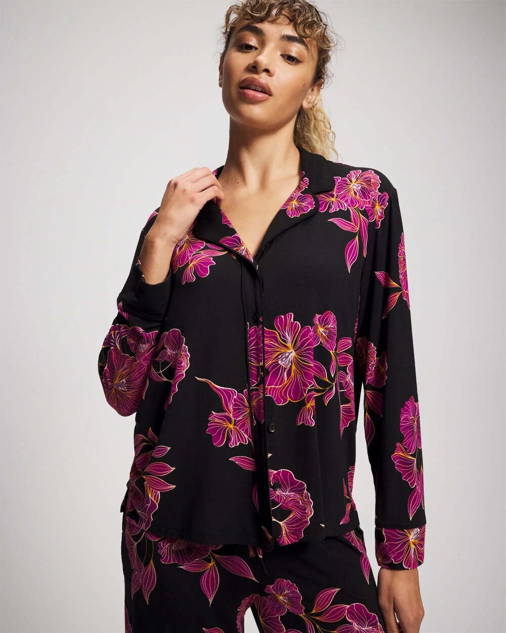 GILDED BLOOMS MAGENTA - Cool Nights Long Sleeve Notch Collar with Piped Placket Pajama Top