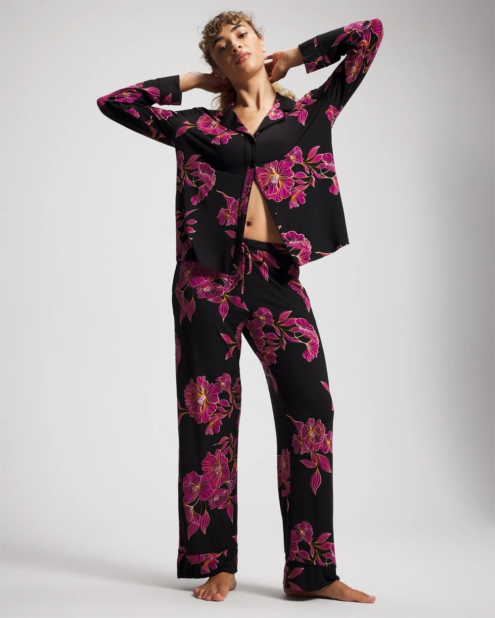 GILDED BLOOMS MAGENTA - Cool Nights Long Sleeve Notch Collar with Piped Placket Pajama Top