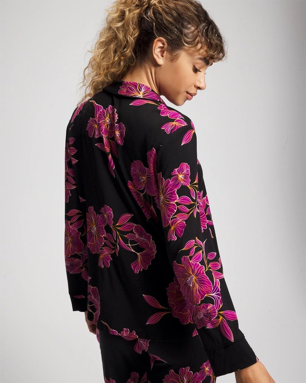 GILDED BLOOMS MAGENTA - Cool Nights Long Sleeve Notch Collar with Piped Placket Pajama Top