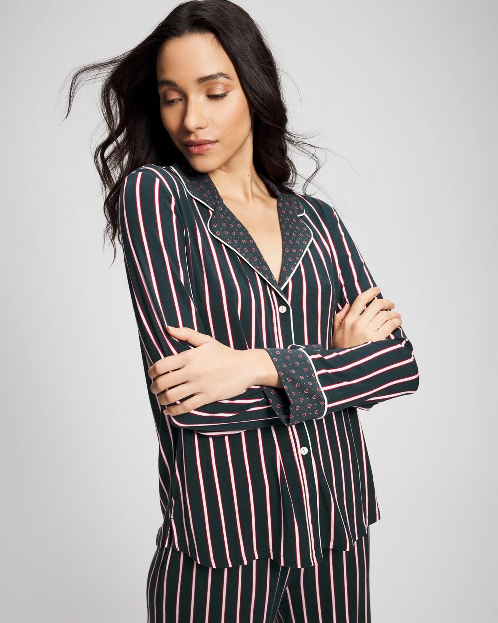 MIDNIGHT STRIPE GREEN JOL - Cool Nights Long Sleeve Notch Collar with Piped Placket Pajama Top