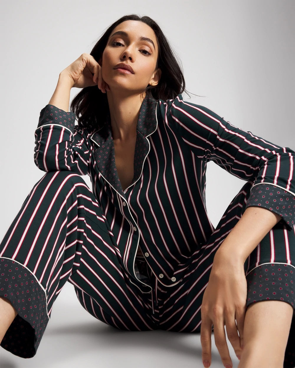MIDNIGHT STRIPE GREEN JOL - Cool Nights Long Sleeve Notch Collar with Piped Placket Pajama Top