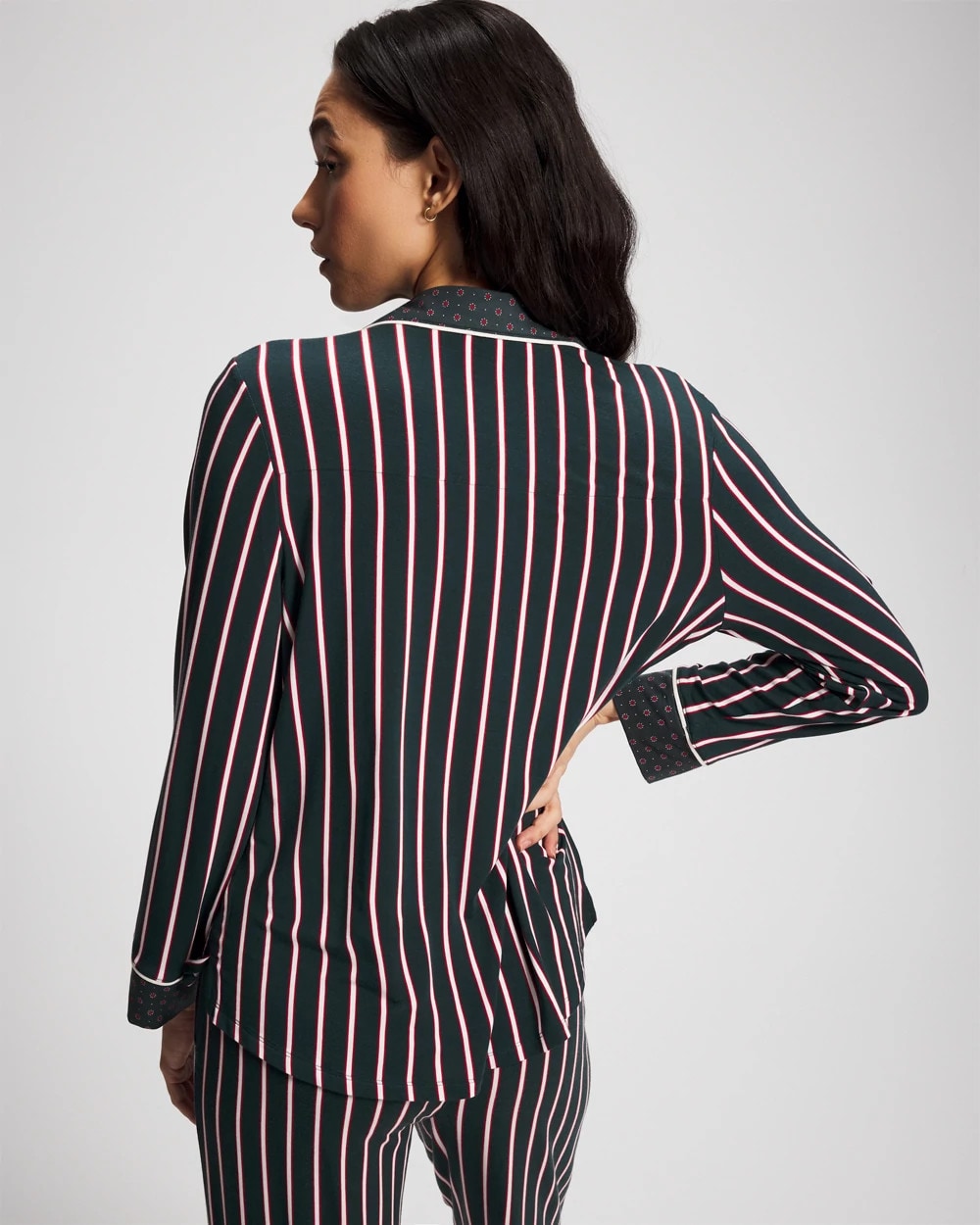 MIDNIGHT STRIPE GREEN JOL - Cool Nights Long Sleeve Notch Collar with Piped Placket Pajama Top