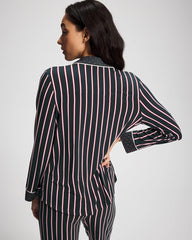 MIDNIGHT STRIPE GREEN JOL - Cool Nights Long Sleeve Notch Collar with Piped Placket Pajama Top