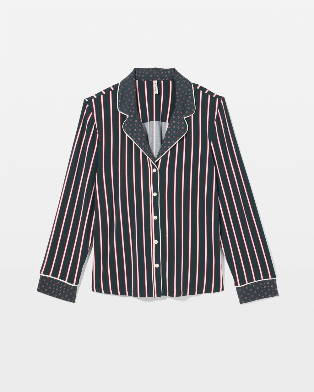 MIDNIGHT STRIPE GREEN JOL - Cool Nights Long Sleeve Notch Collar with Piped Placket Pajama Top