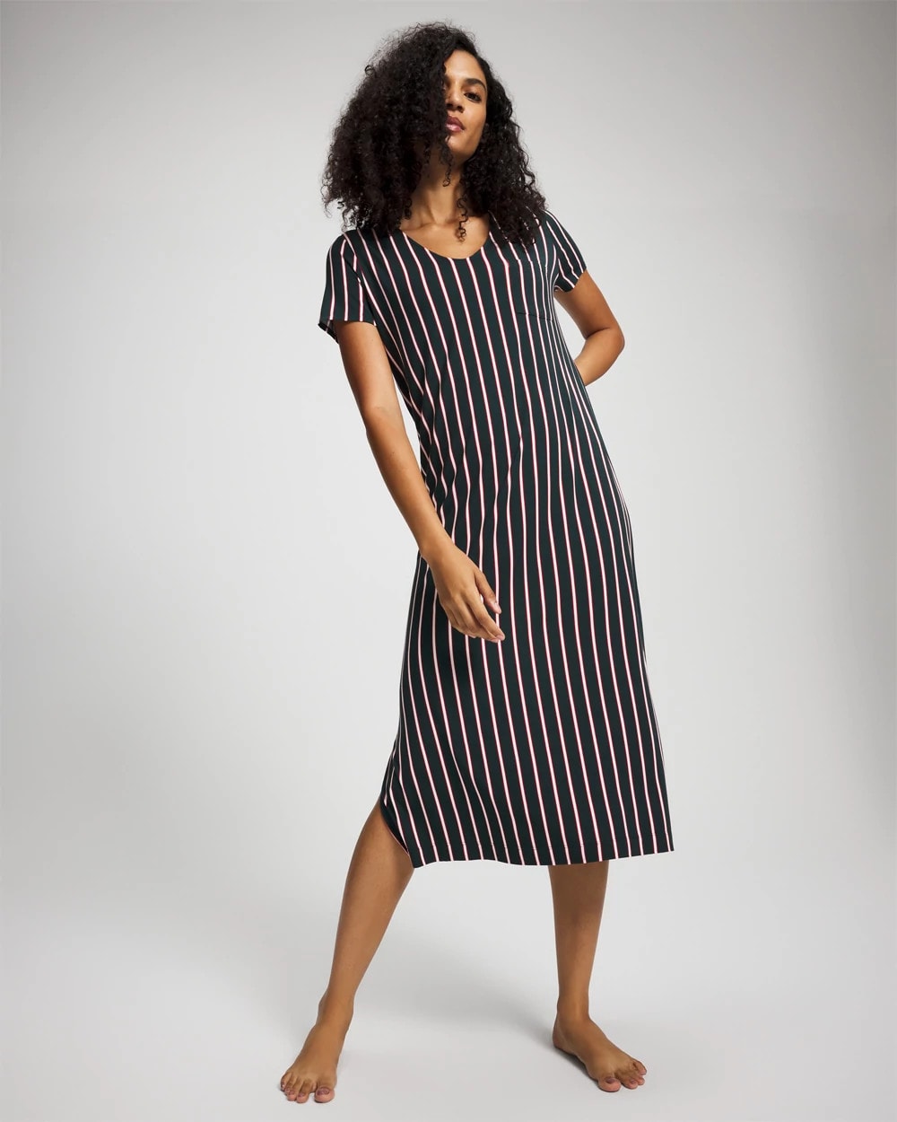 MIDNIGHT STRIPE GREEN JOL - Short Sleeve Long Sleepshirt