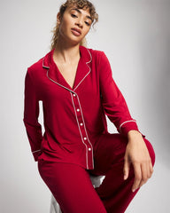 PAINT THE TOWN RED - Long Sleeve Notch Collar w/ Piped Placket Pajama Top