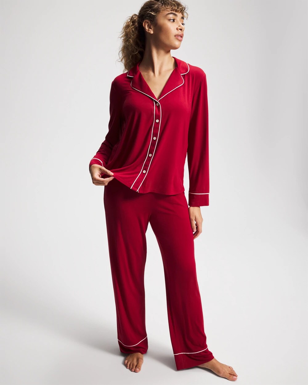 PAINT THE TOWN RED - Long Sleeve Notch Collar w/ Piped Placket Pajama Top