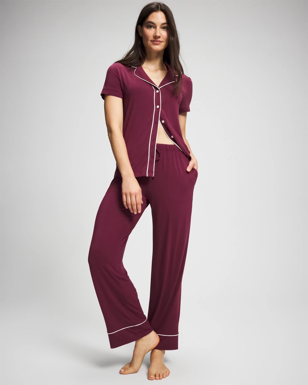 VELVET PLUM - Solid Piped Pajama Pant