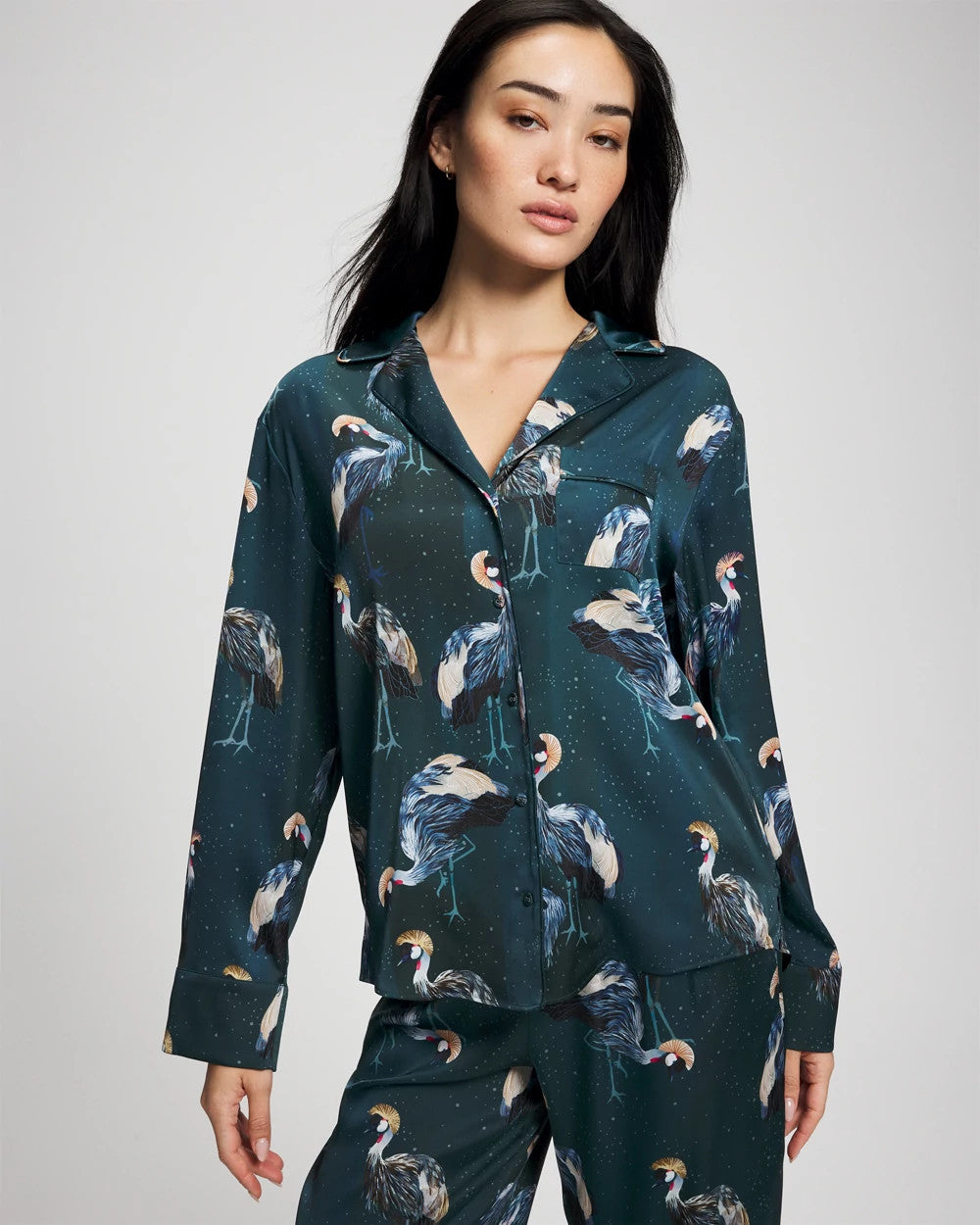 MIDNIGHT CRANES BLUE - Long Sleeve Notch Collar Pajama Top