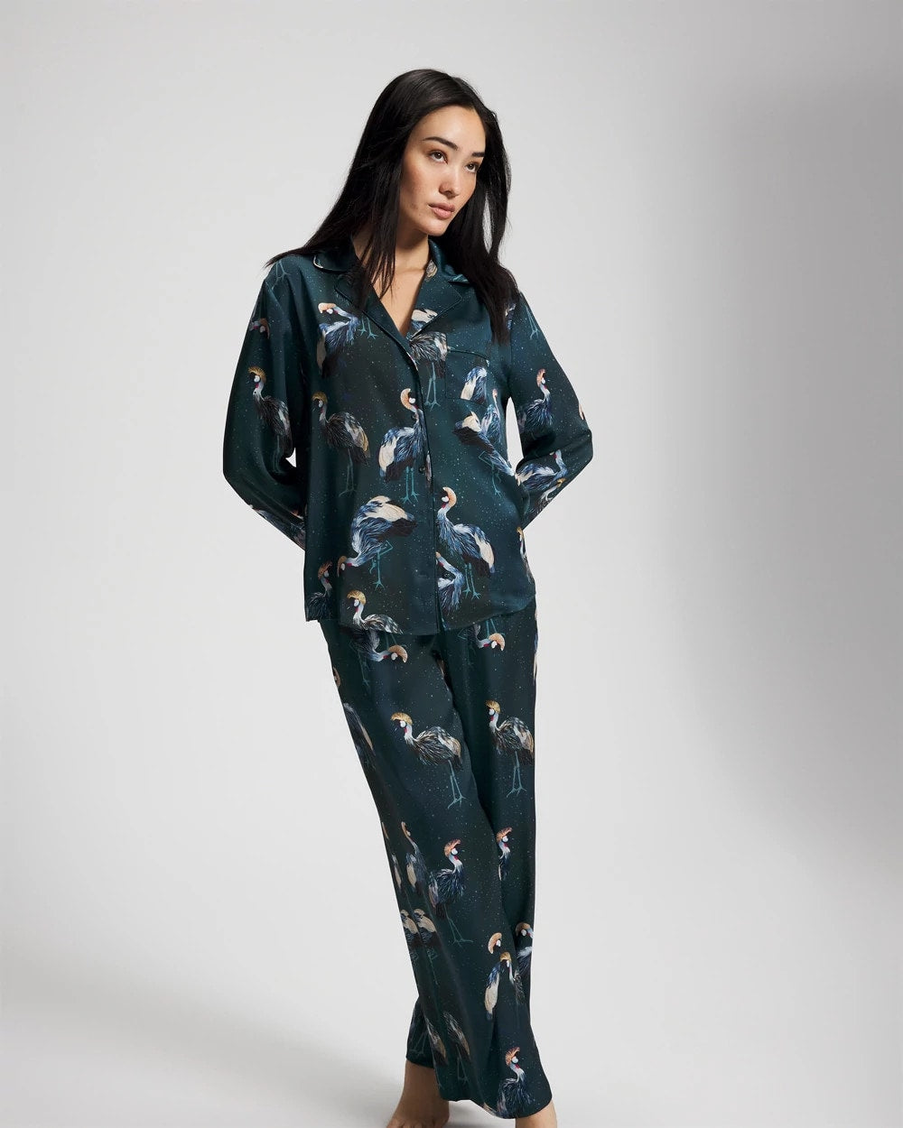 MIDNIGHT CRANES BLUE - Long Sleeve Notch Collar Pajama Top