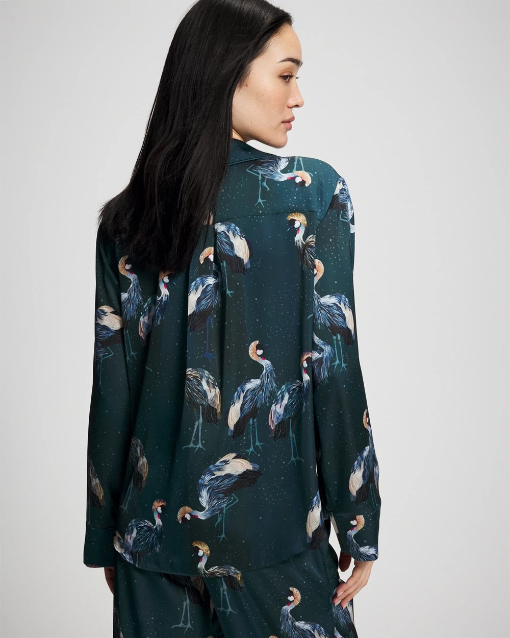 MIDNIGHT CRANES BLUE - Long Sleeve Notch Collar Pajama Top