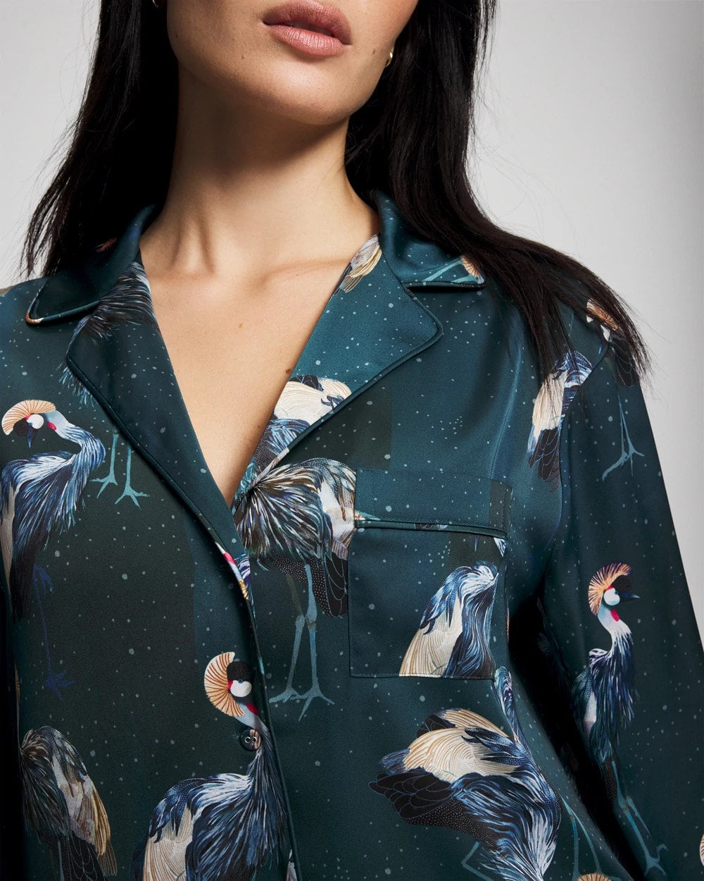 MIDNIGHT CRANES BLUE - Long Sleeve Notch Collar Pajama Top