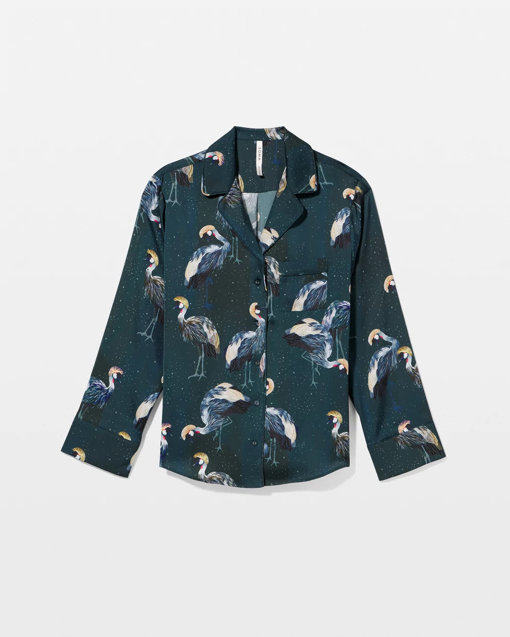 MIDNIGHT CRANES BLUE - Long Sleeve Notch Collar Pajama Top