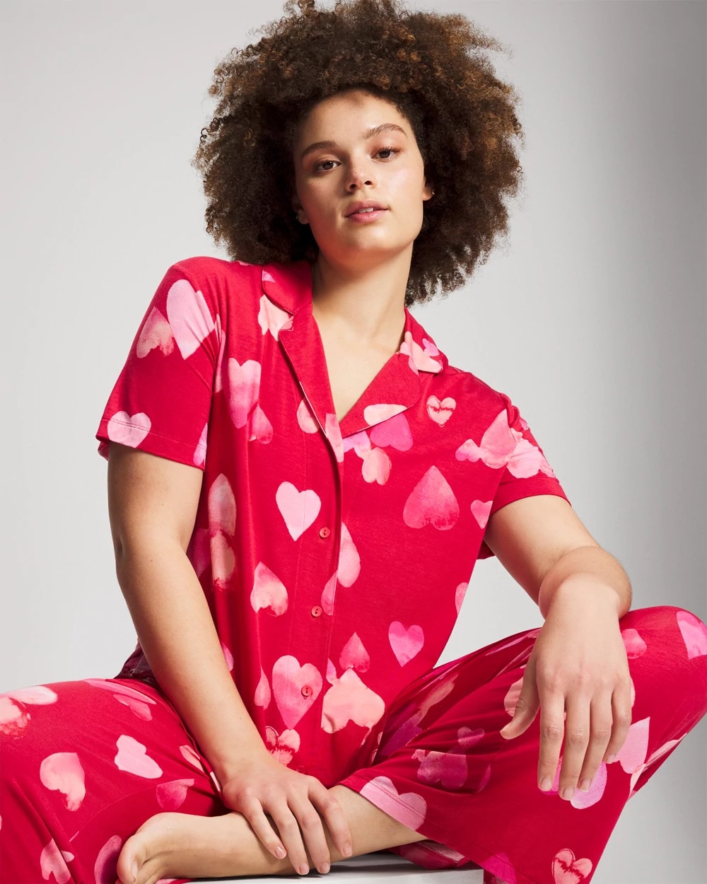 WHOLE LOTTA LOVE RED - Short Sleeve Notch Collar Pajama Top