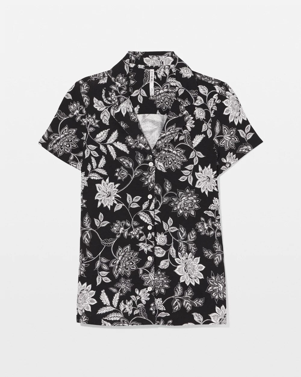 MEANDERING GARDEN BLACK - Short Sleeve Notch Collar Pajama Top