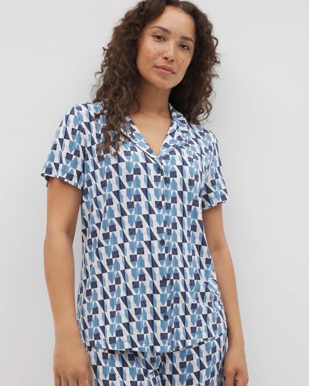 PRISM GEO MID NAVY - Short Sleeve Notch Collar Pajama Top