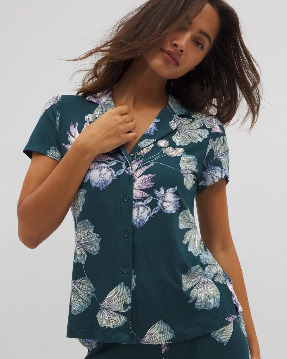HAVEN BOTANICAL DARK SEA - Short Sleeve Notch Collar Pajama Top