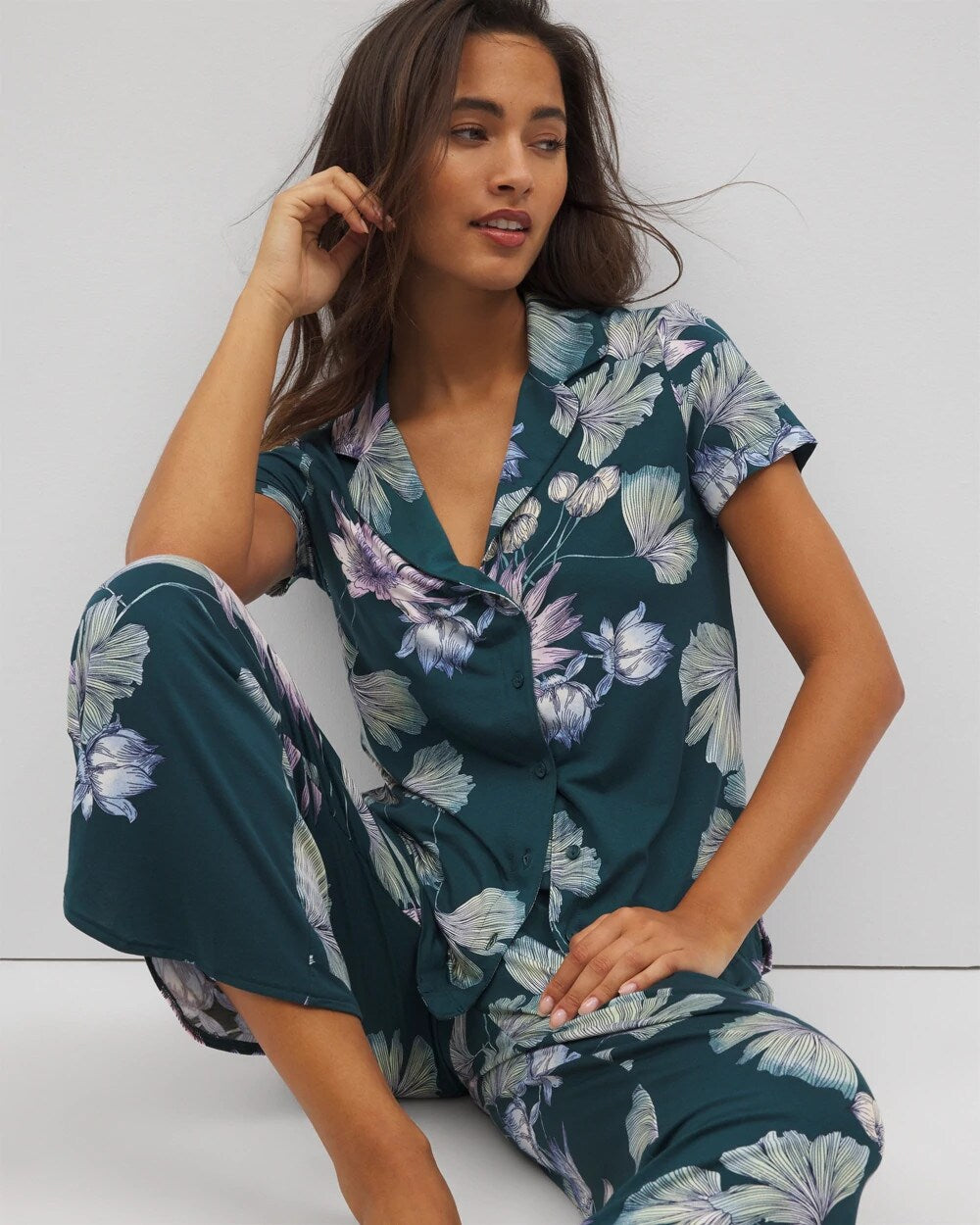 HAVEN BOTANICAL DARK SEA - Short Sleeve Notch Collar Pajama Top