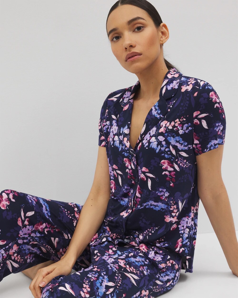 BLOOM BRIGHTLY NAVY - Short Sleeve Notch Collar Pajama Top