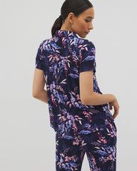 BLOOM BRIGHTLY NAVY - Short Sleeve Notch Collar Pajama Top