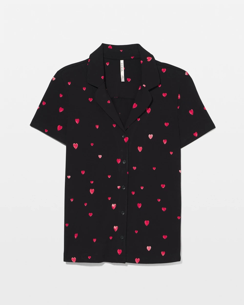 FLOATING HEARTS BLACK RED - Short Sleeve Notch Collar Pajama Top