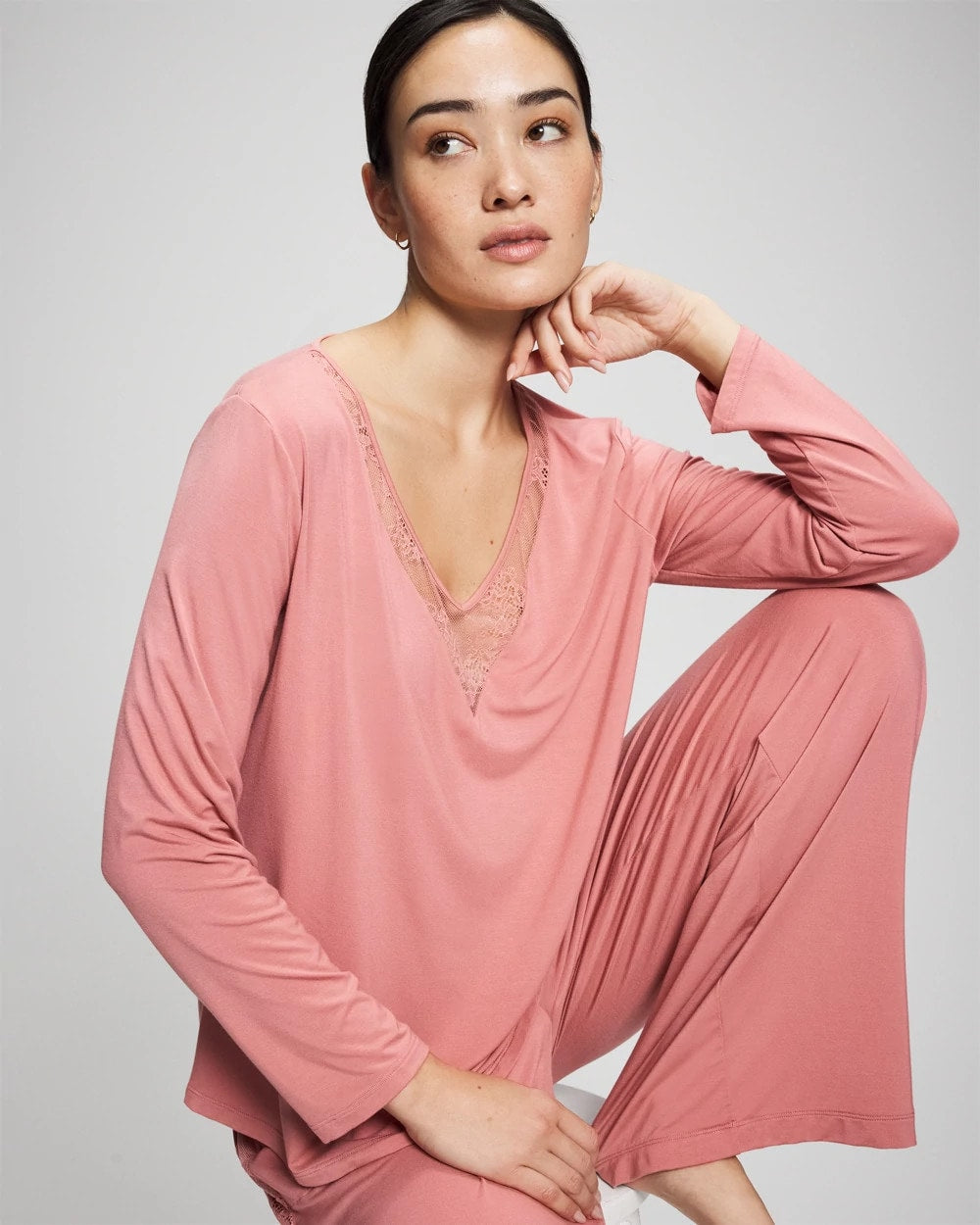ANTIQUE PINK - Lace Long Sleeve Pajama Top