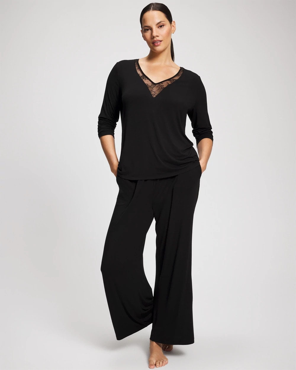 BLACK - Lace Long Sleeve Pajama Top