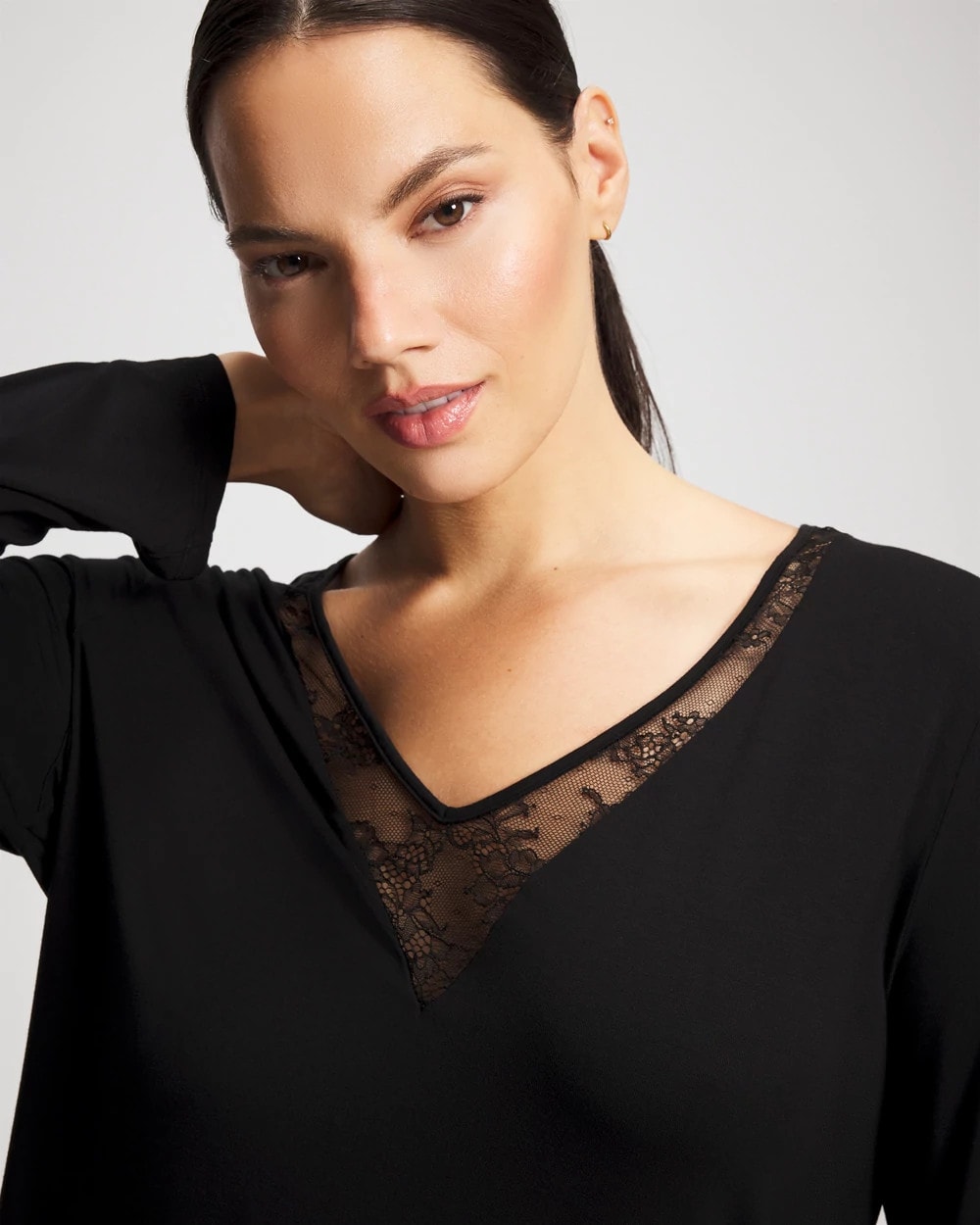 BLACK - Lace Long Sleeve Pajama Top