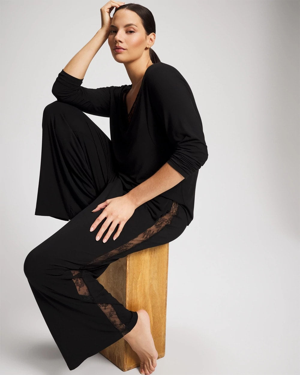 BLACK - Lace Relaxed Wide Leg Pajama Pant