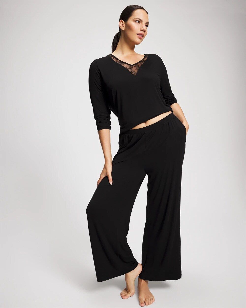 BLACK - Lace Relaxed Wide Leg Pajama Pant