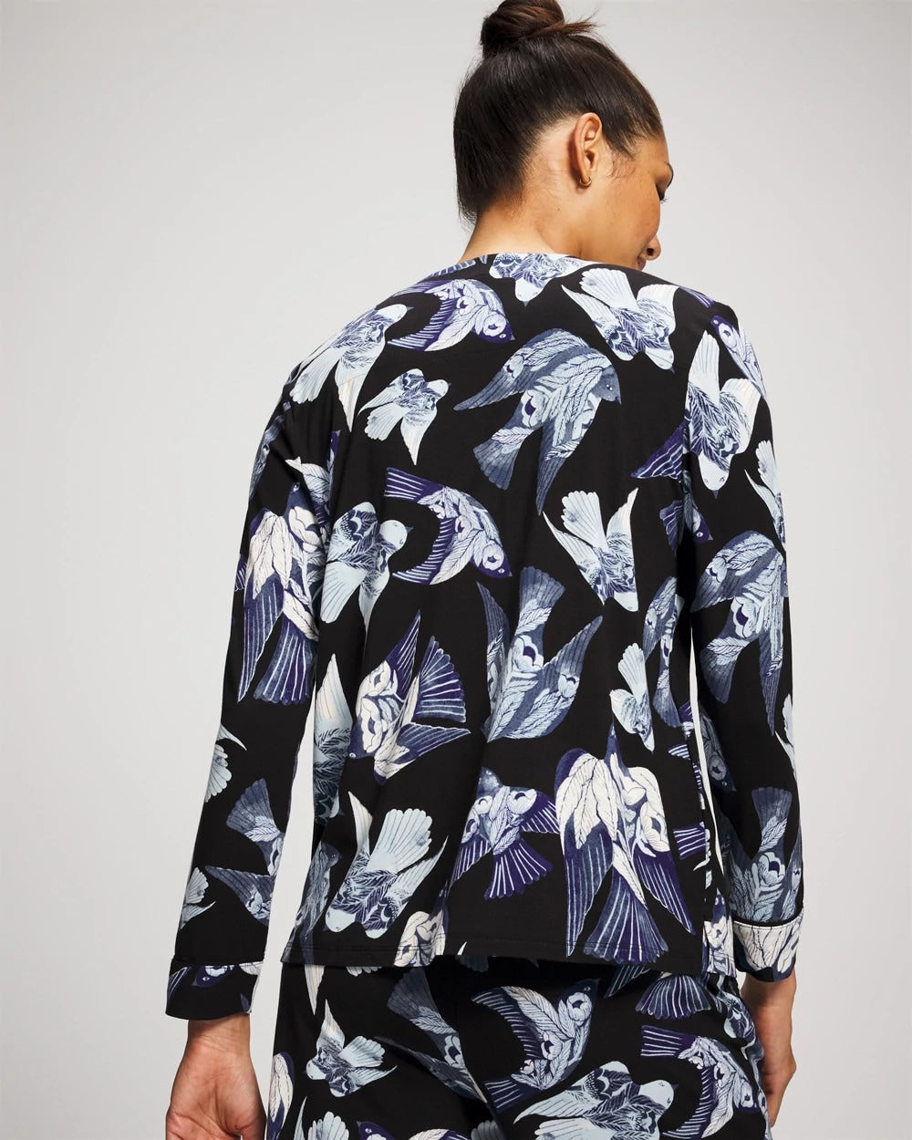 WHIMSICAL WINGS BLK MID - Piped Long-Sleeve Notch Pajama Top