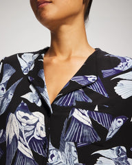 WHIMSICAL WINGS BLK MID - Piped Long-Sleeve Notch Pajama Top