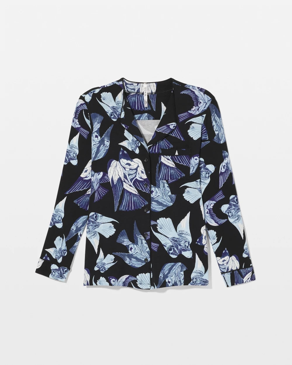 WHIMSICAL WINGS BLK MID - Piped Long-Sleeve Notch Pajama Top