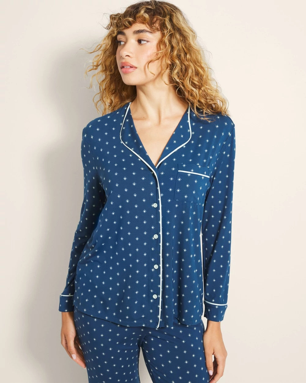 CELEBRATED DOT BLUE - Piped Long-Sleeve Notch Pajama Top