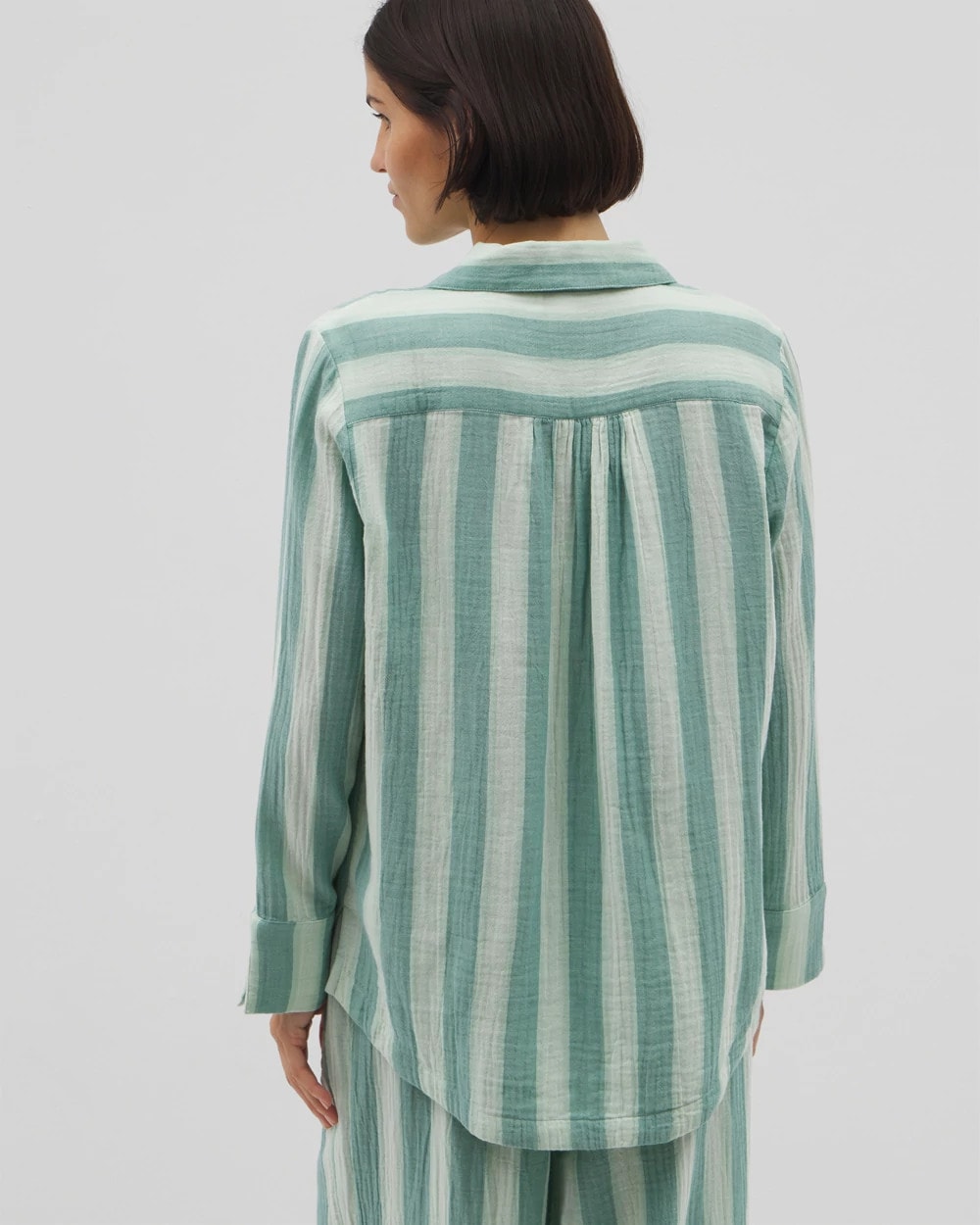 TEAL STRIPE - Cotton Gauze Long Sleeve Notch Collar Pajama Top